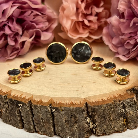 Black Mother of Pearl Cufflinks Tuxedo Studs Formal 8 Pcs Set - Picture 8 of 16